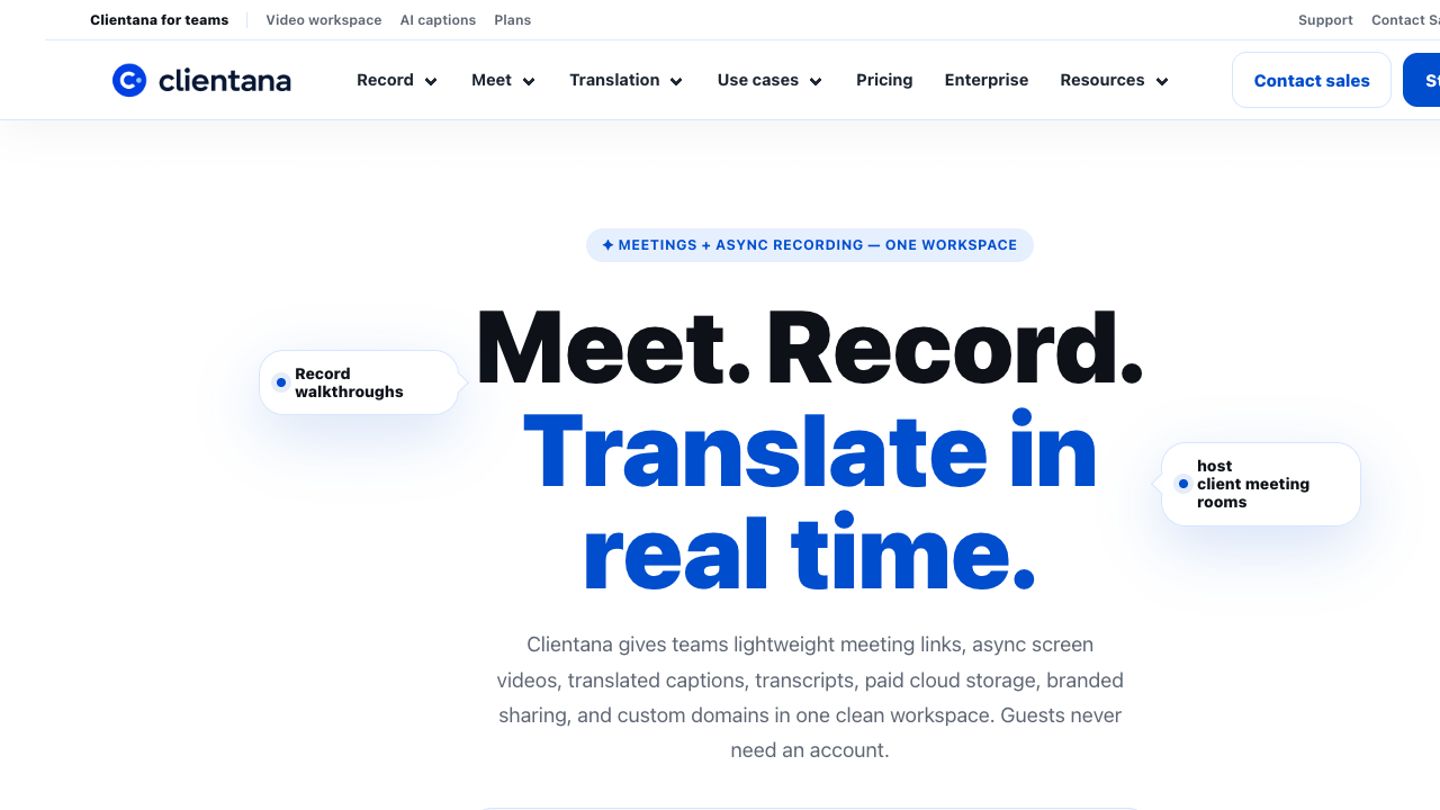 Clientana product homepage showing Meet, Record, and live translation