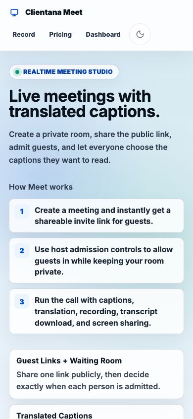 Clientana Meet on a mobile-width screen