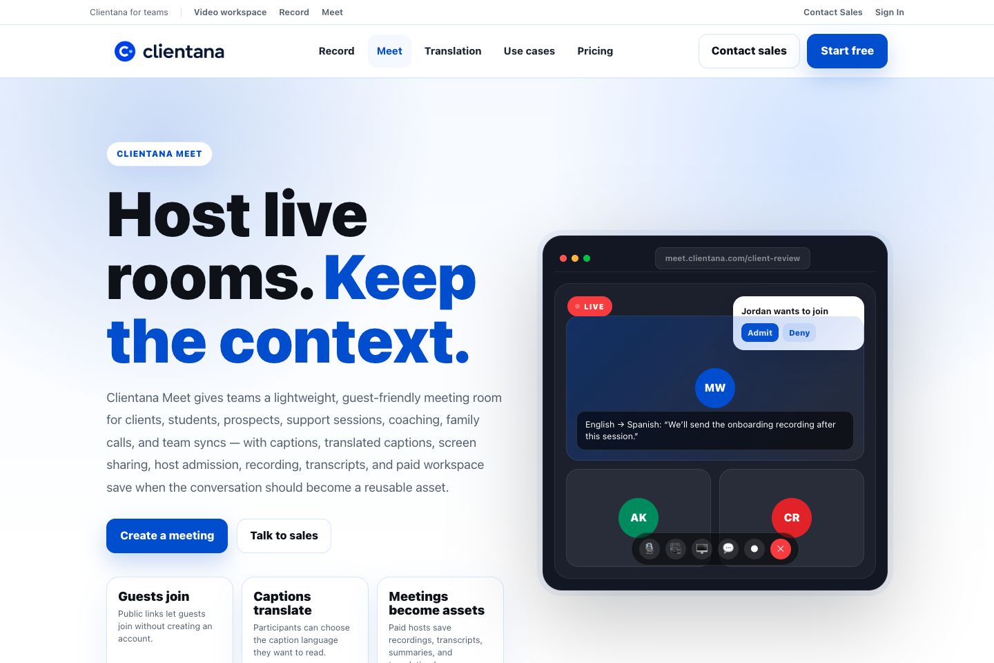 Clientana Meet product page showing live translated meeting rooms