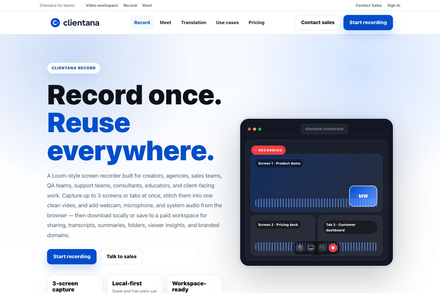 Clientana Record product page showing multi-screen capture and reuse