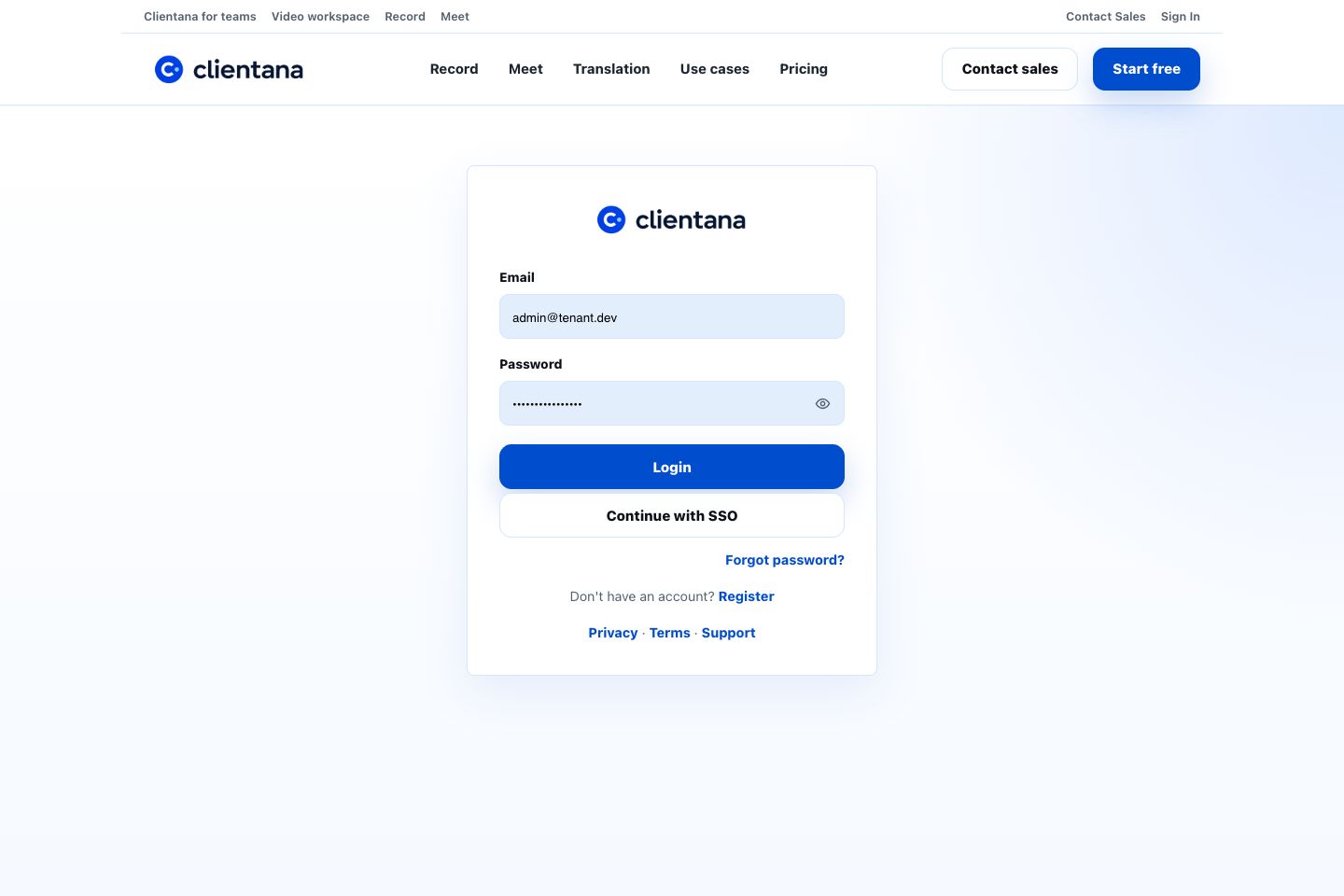 Clientana sign-in form with login, SSO, registration, and password recovery